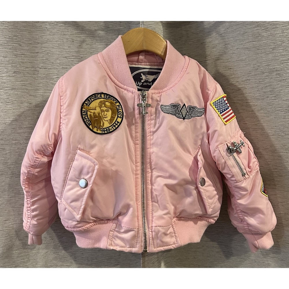 Up and Away Pink‎ MA-1 Flight Jacket with Patches and Airplane Zipper Small 2T